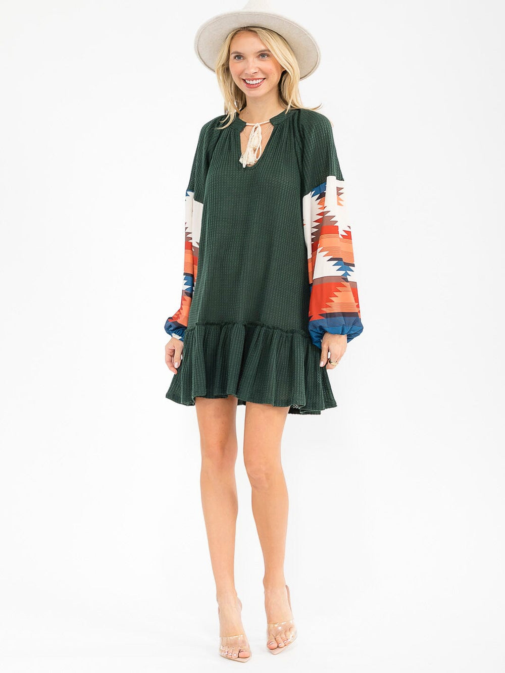 WOMEN'S LONG PRINT SLEEVE V-NECK LOOSE FIT MINI DRESS