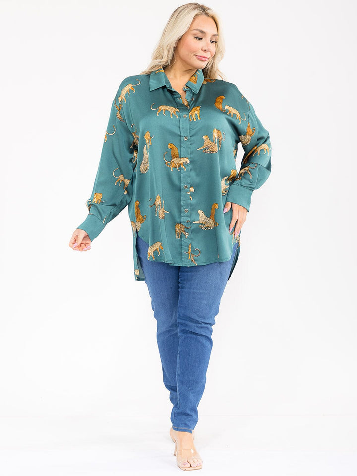 PLUS SIZE LONG SLEEVE V-NECK HIGH-LOW MULTI PRINT BLOUSE