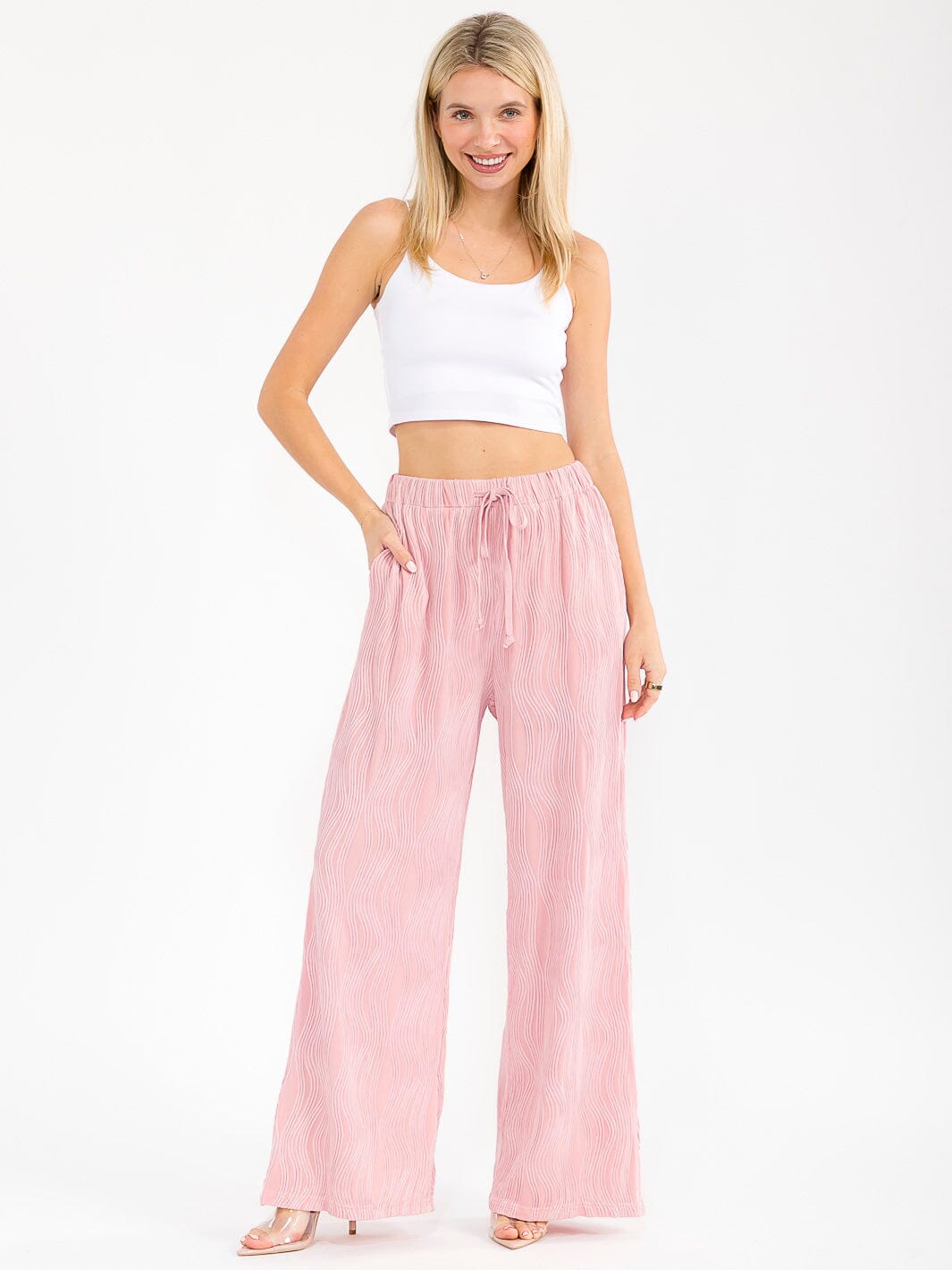 WOMEN'S ELASTIC WAIST FRONT POCKET WIDE LEG DETAILED PANTS