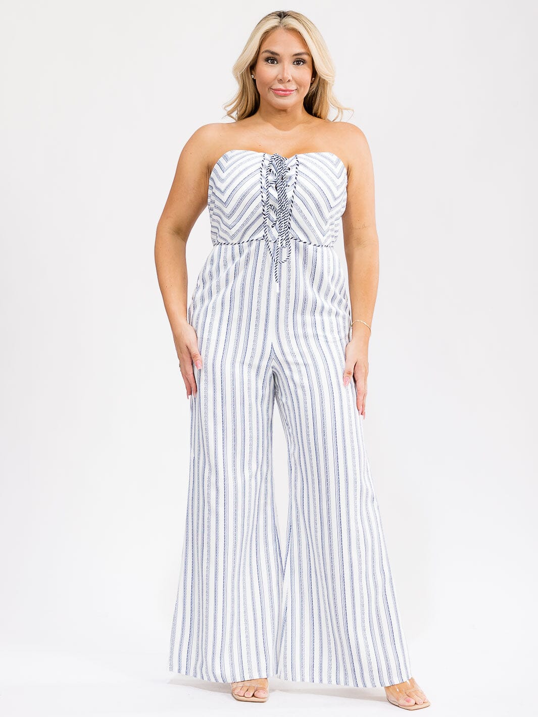 PLUS SIZE SLEEVELESS FRONT POCKETS STRIPES WIDE LEG JUMPSUIT