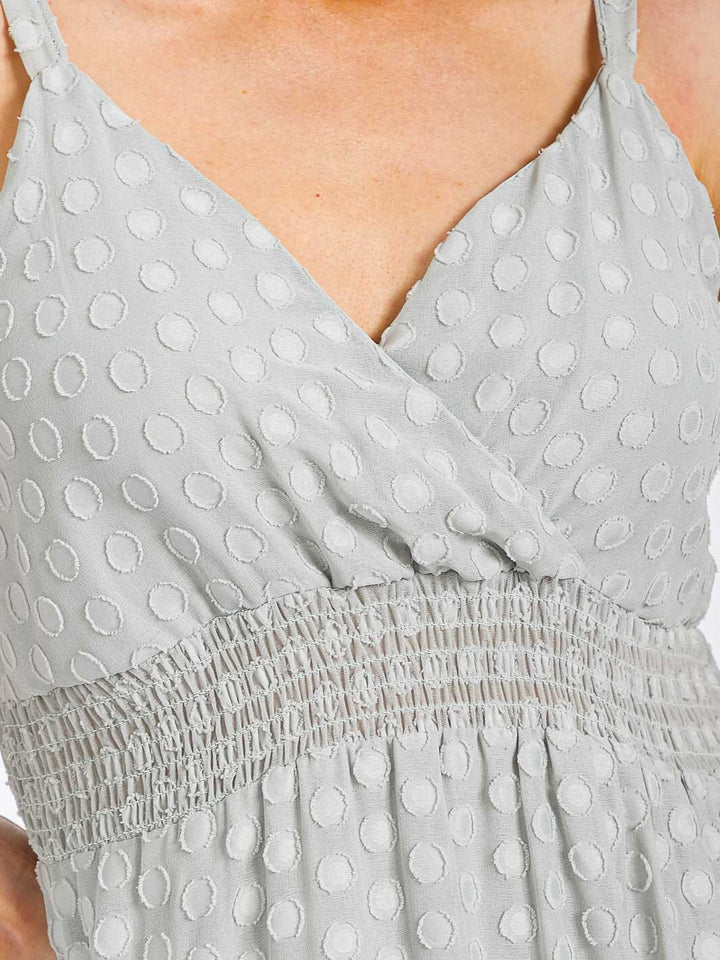 WOMEN'S SLEEVELESS SURPLICE TIERED SWISS DOTS MAXI DRESS