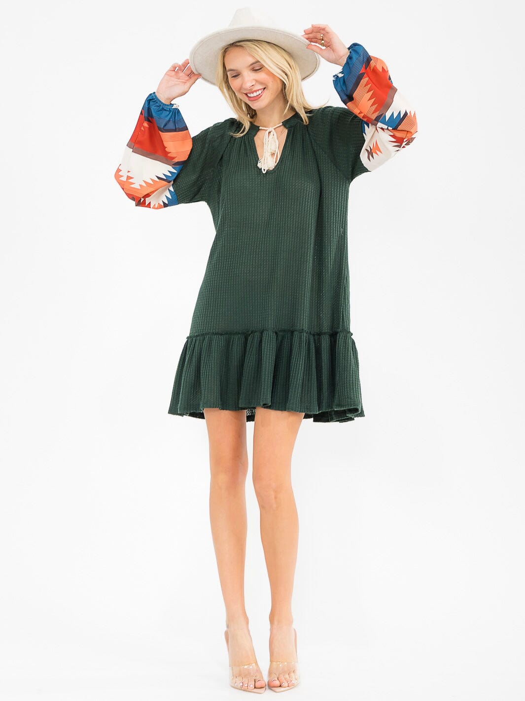 WOMEN'S LONG PRINT SLEEVE V-NECK LOOSE FIT MINI DRESS