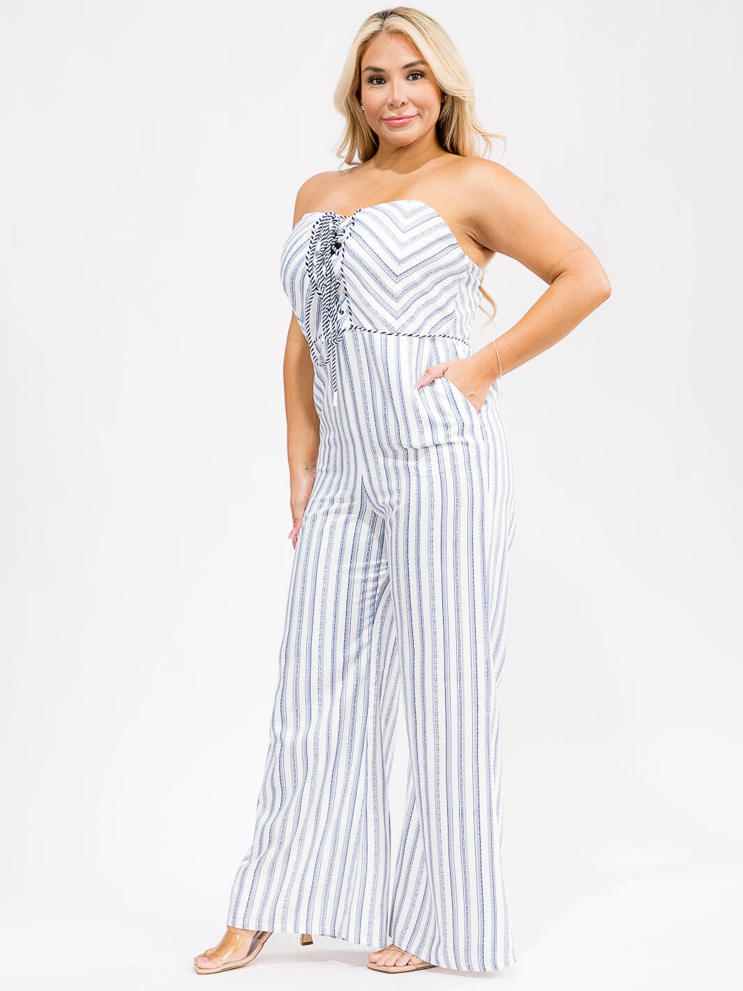 PLUS SIZE SLEEVELESS FRONT POCKETS STRIPES WIDE LEG JUMPSUIT
