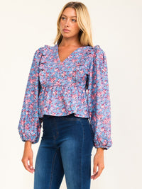 ENTRO WOMEN'S LONG SLEEVE V-NECK FLORAL PRINT BLOUSE