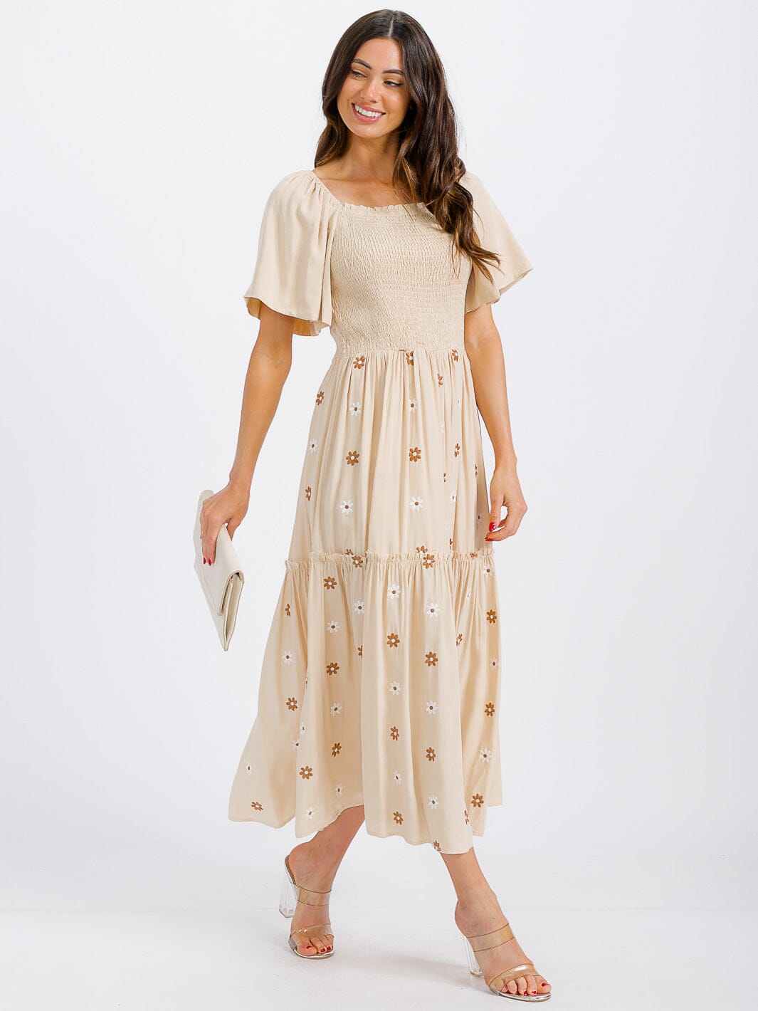 WOMEN'S SHORT SLEEVE SMOCK TIERED FLORAL MAXI DRESS
