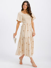 WOMEN'S SHORT SLEEVE SMOCK TIERED FLORAL MAXI DRESS