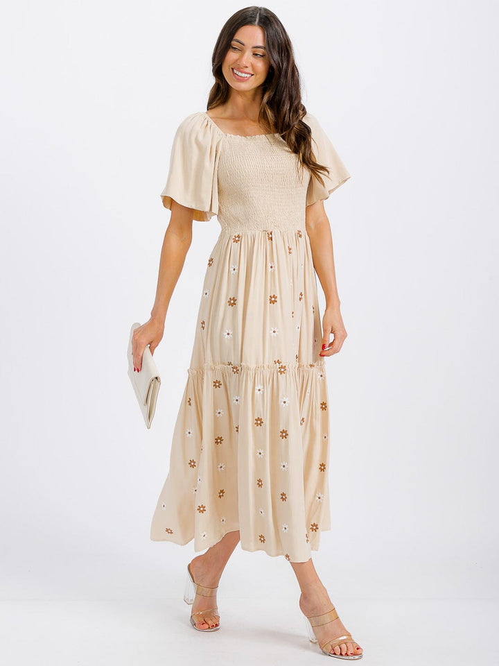 WOMEN'S SHORT SLEEVE SMOCK TIERED FLORAL MAXI DRESS