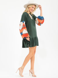 WOMEN'S LONG PRINT SLEEVE V-NECK LOOSE FIT MINI DRESS