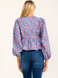 ENTRO WOMEN'S LONG SLEEVE V-NECK FLORAL PRINT BLOUSE