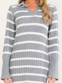 WOMEN'S LONG SLEEVE V-NECK COLORBLOCK STRIPES SWEATER BODYCON MIDI DRESS
