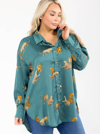PLUS SIZE LONG SLEEVE V-NECK HIGH-LOW MULTI PRINT BLOUSE