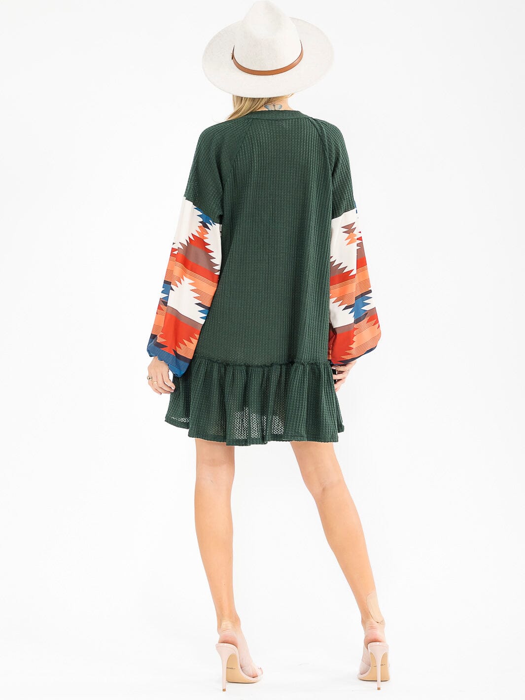 WOMEN'S LONG PRINT SLEEVE V-NECK LOOSE FIT MINI DRESS