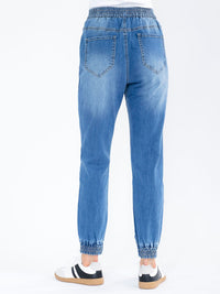 WOMEN'S BUTTON CLOSURE POCKETS WASHED JOGGER STRETCH DENIM PANTS