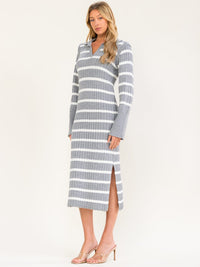 WOMEN'S LONG SLEEVE V-NECK COLORBLOCK STRIPES SWEATER BODYCON MIDI DRESS