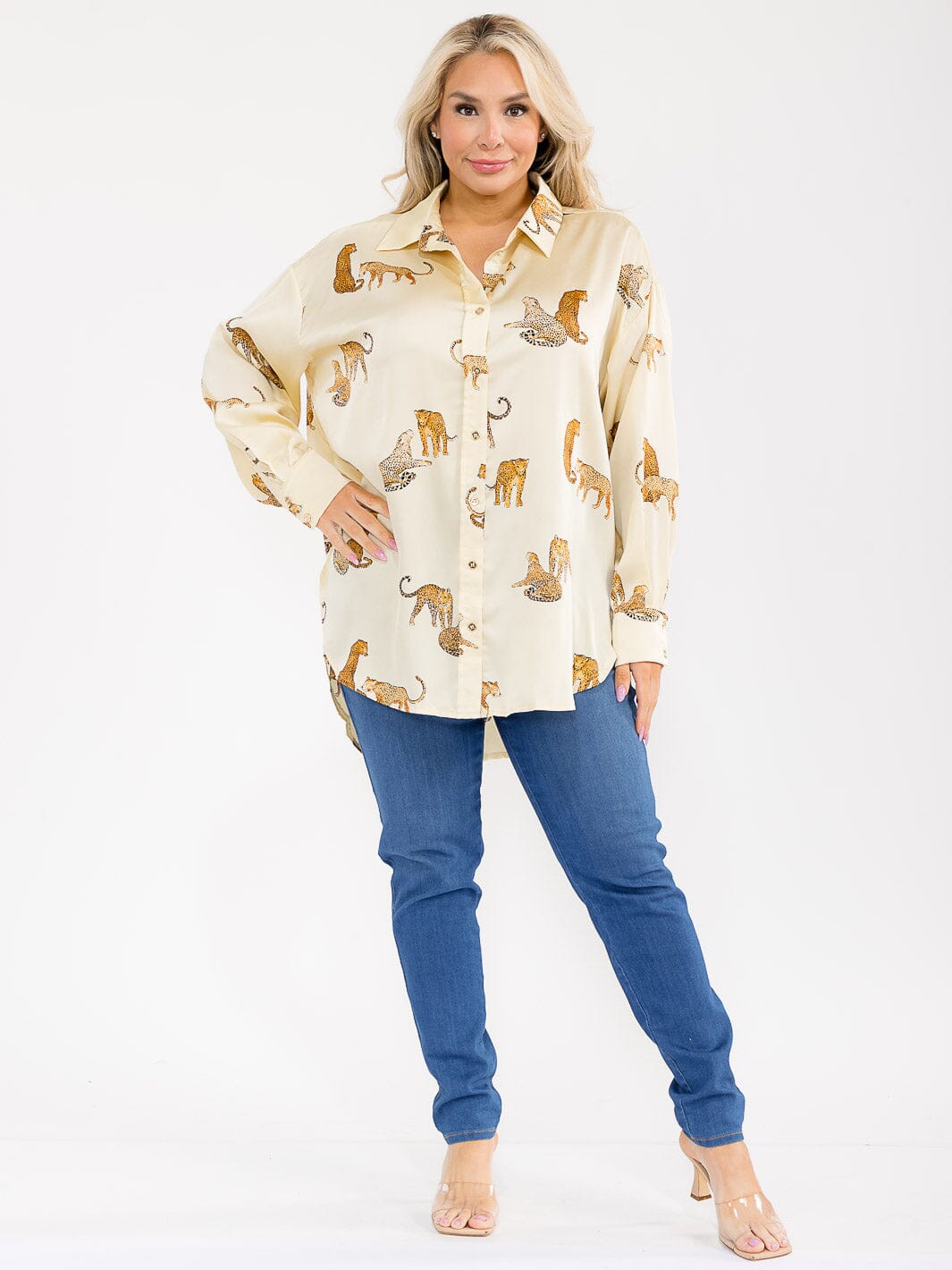 PLUS SIZE LONG SLEEVE V-NECK HIGH-LOW MULTI PRINT BLOUSE