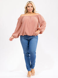 PLUS SIZE OFF SHOULDER LONG SLEEVE PLAID BLOUSE