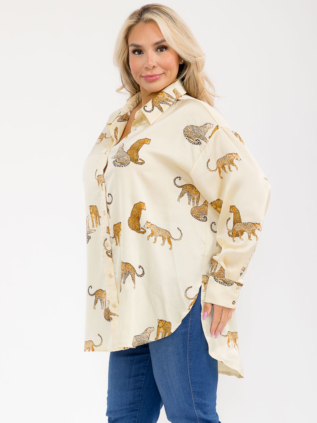 PLUS SIZE LONG SLEEVE V-NECK HIGH-LOW MULTI PRINT BLOUSE
