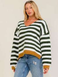 WOMEN'S LONG SLEEVE V-NECK COLORBLOCK STRIPES PULLOVER SWEATER