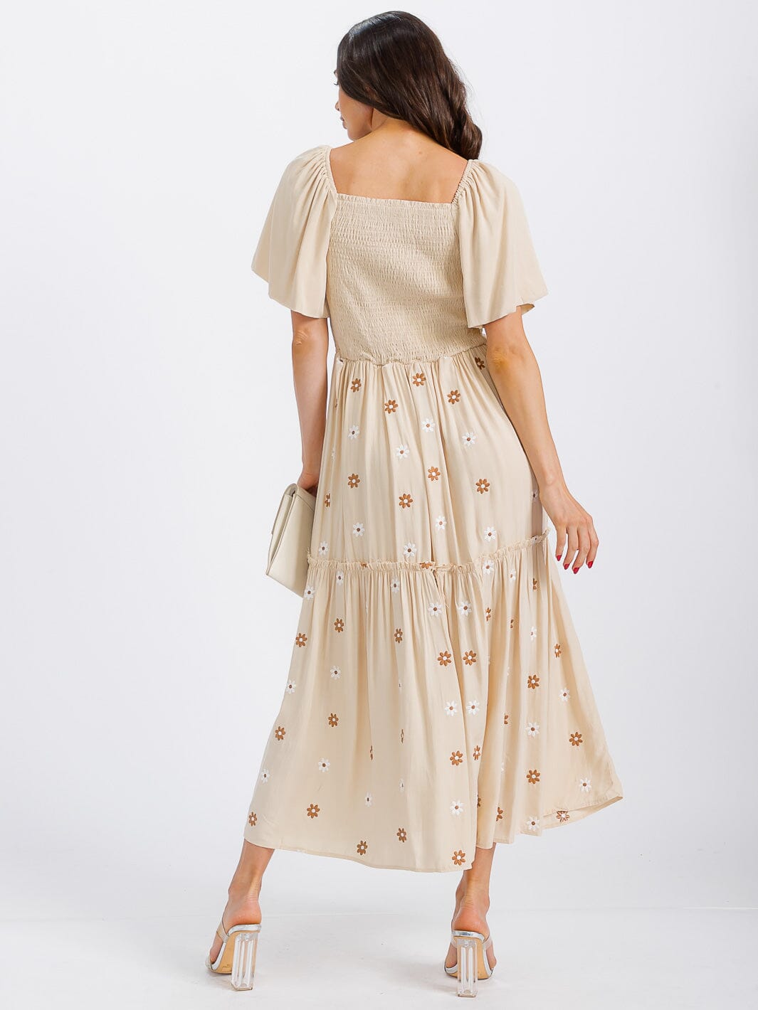 WOMEN'S SHORT SLEEVE SMOCK TIERED FLORAL MAXI DRESS