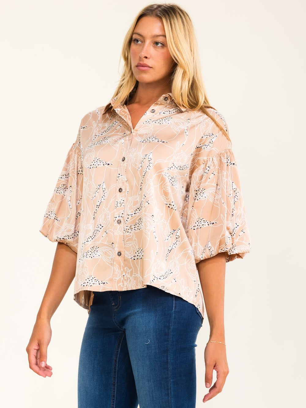 ENTRO WOMEN'S SHORT PUFF SLEEVE BUTTON UP MULTI PRINT BLOUSE