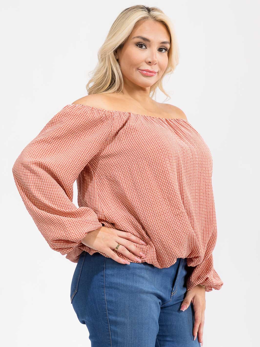 PLUS SIZE OFF SHOULDER LONG SLEEVE PLAID BLOUSE