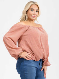 PLUS SIZE OFF SHOULDER LONG SLEEVE PLAID BLOUSE
