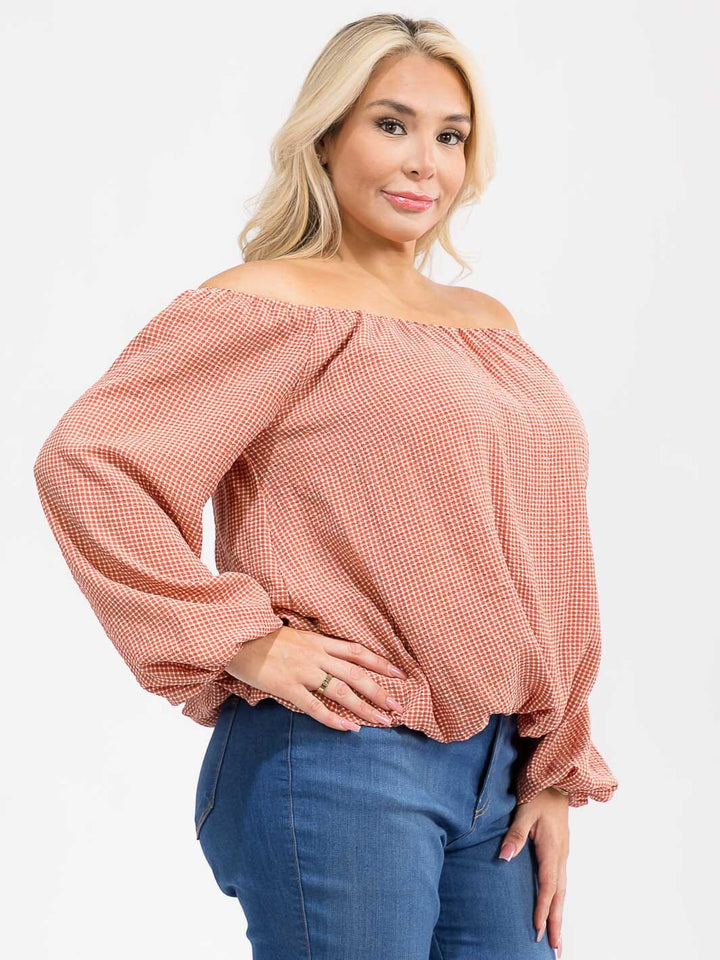 PLUS SIZE OFF SHOULDER LONG SLEEVE PLAID BLOUSE