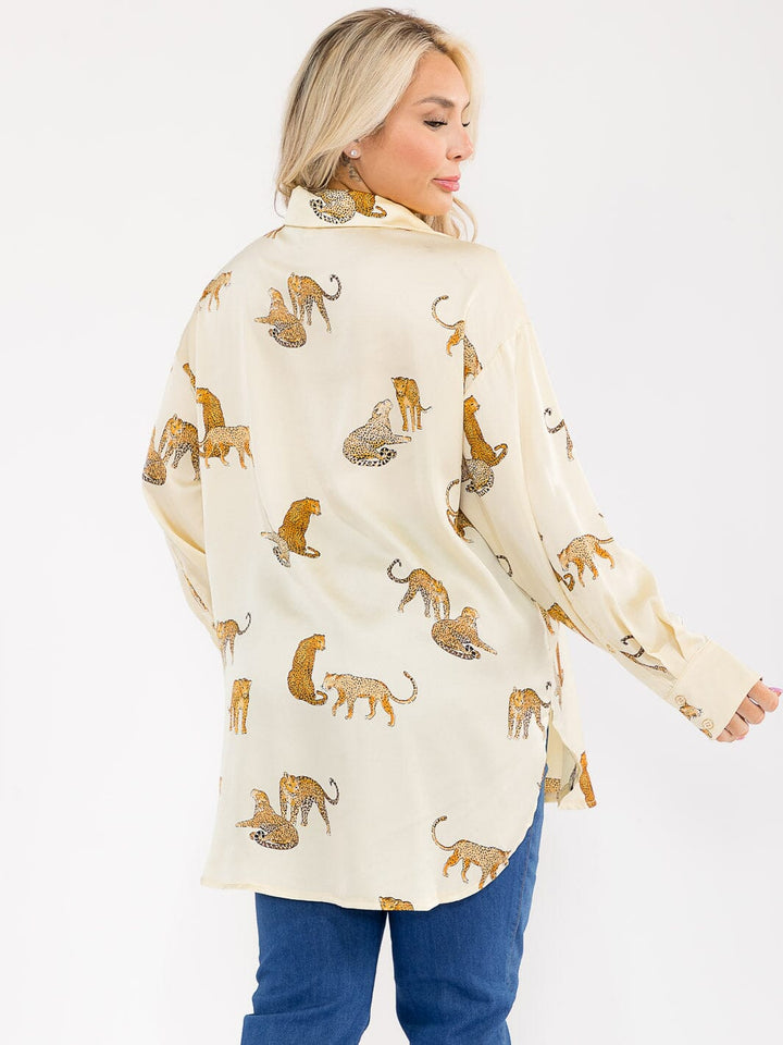 PLUS SIZE LONG SLEEVE V-NECK HIGH-LOW MULTI PRINT BLOUSE