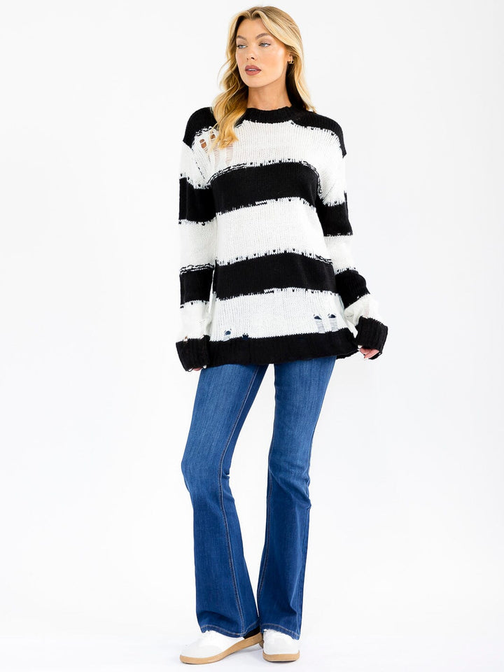 WOMEN'S LONG SLEEVE COLORBLOCK STRIPES PULLOVER KNIT DISTRESS SWEATER