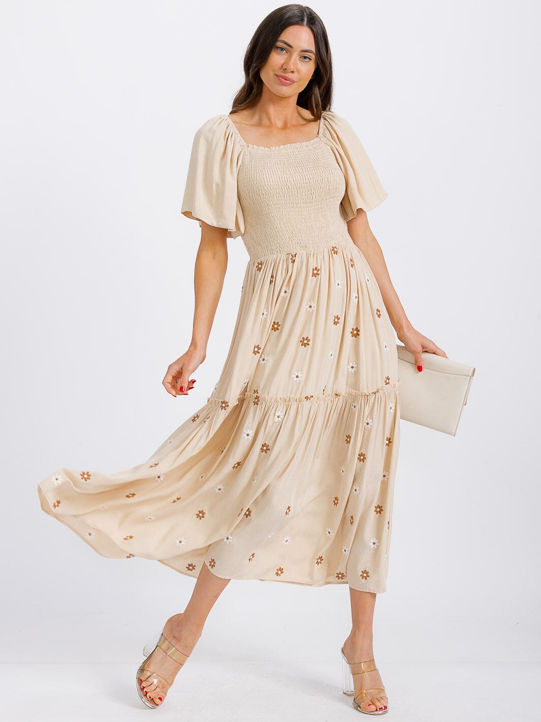 WOMEN'S SHORT SLEEVE SMOCK TIERED FLORAL MAXI DRESS