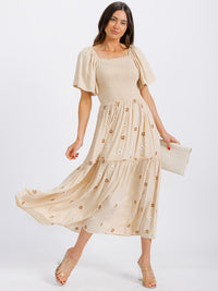 WOMEN'S SHORT SLEEVE SMOCK TIERED FLORAL MAXI DRESS