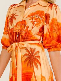 WOMEN'S SHORT SLEEVE BUTTON UP SELF TIE POCKETS MULTI PRINT MAXI DRESS