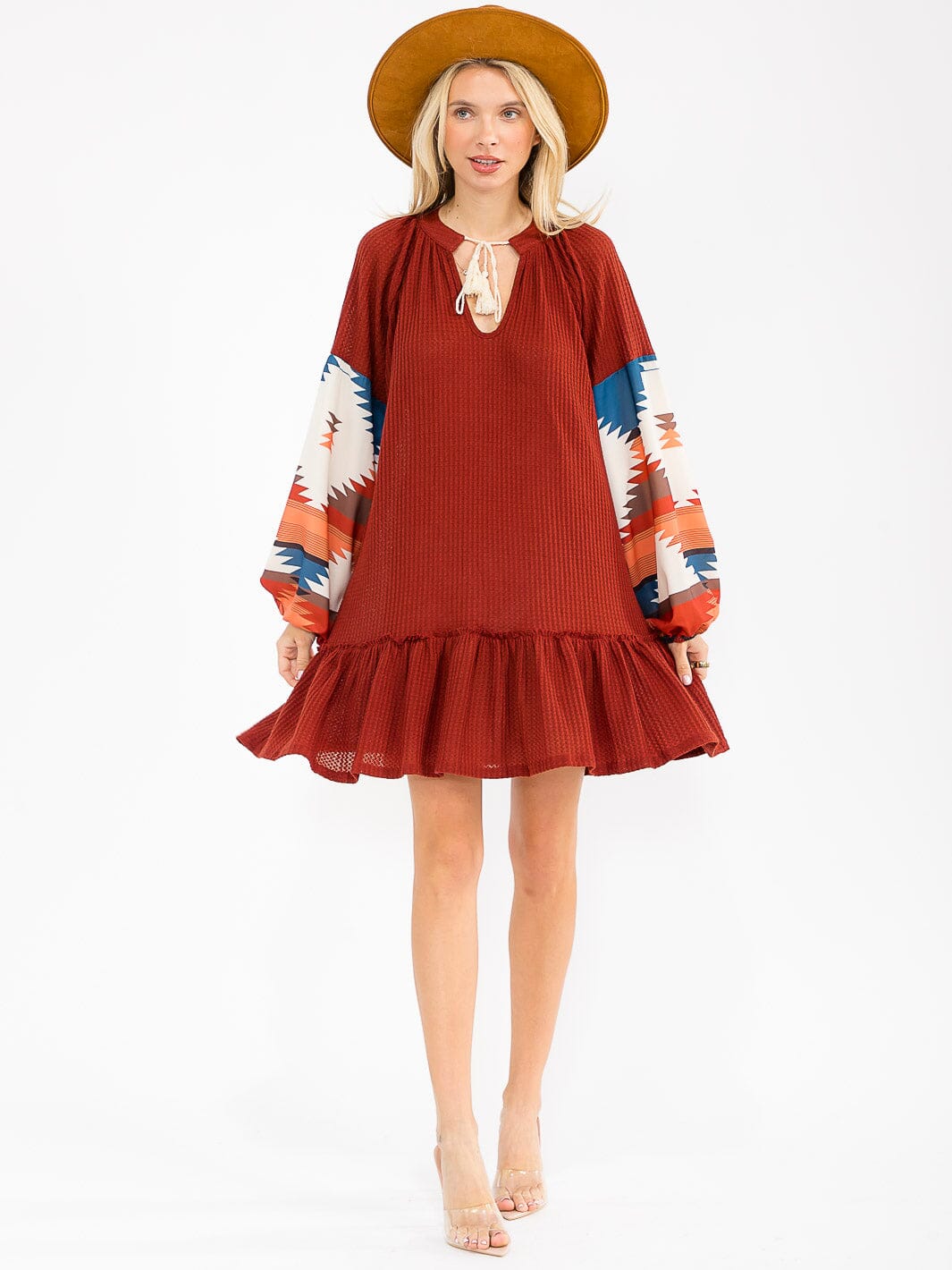 WOMEN'S LONG PRINT SLEEVE V-NECK LOOSE FIT MINI DRESS