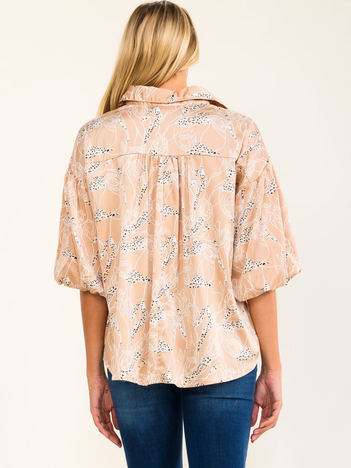 ENTRO WOMEN'S SHORT PUFF SLEEVE BUTTON UP MULTI PRINT BLOUSE
