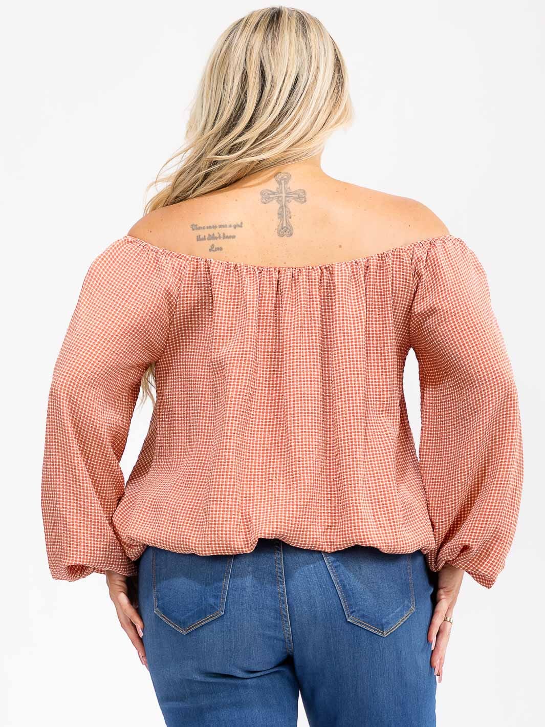 PLUS SIZE OFF SHOULDER LONG SLEEVE PLAID BLOUSE