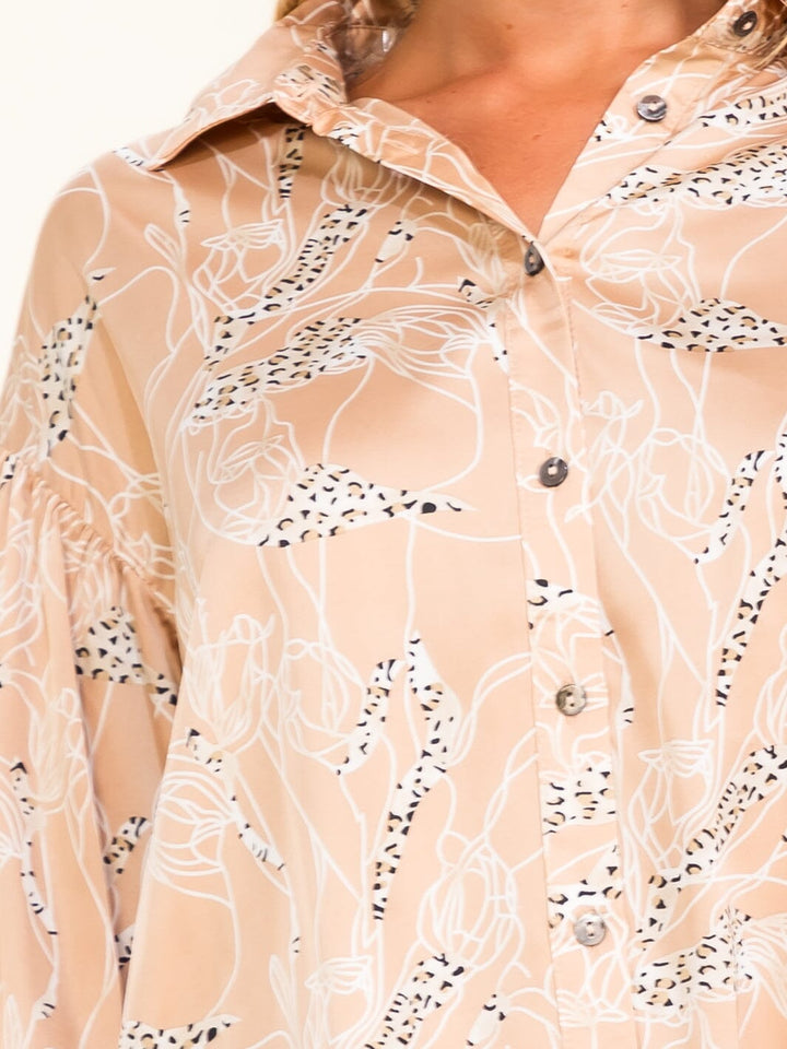 ENTRO WOMEN'S SHORT PUFF SLEEVE BUTTON UP MULTI PRINT BLOUSE