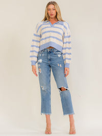 WOMEN'S LONG SLEEVE V-NECK COLORBLOCK STRIPES PULLOVER CABLE KNIT SWEATER