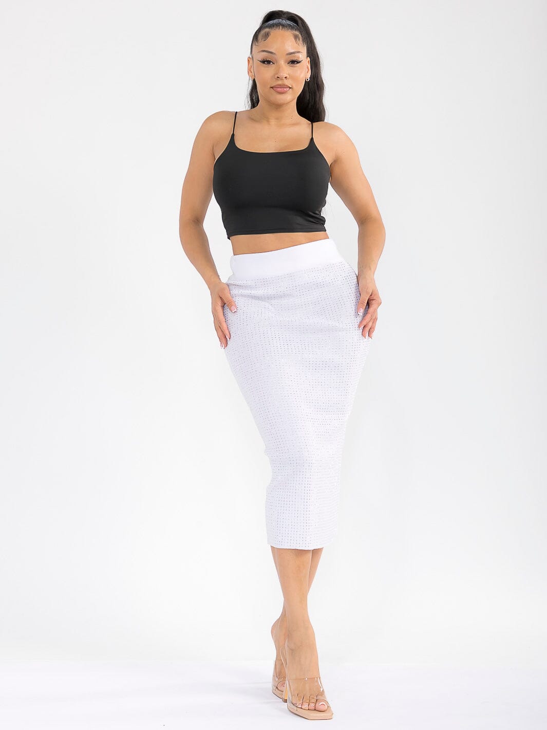 WOMEN'S ELASTIC WAIST RHINESTONES MIDI SKIRT