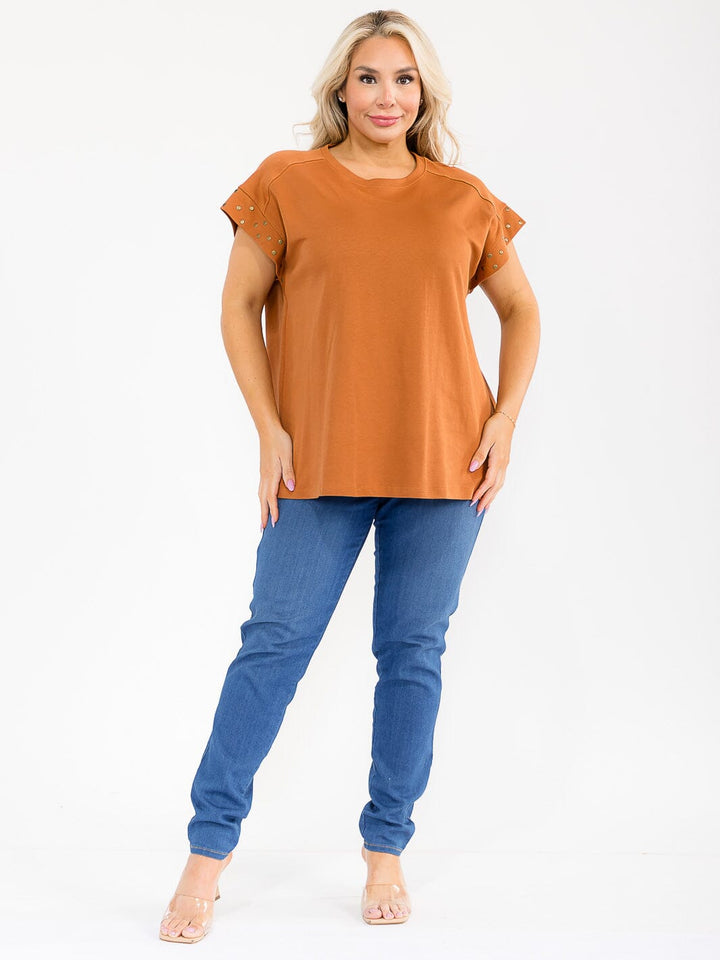 PLUS SIZE SHORT SLEEVE STUDS DETAILED SOLID BLOUSE