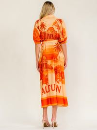 WOMEN'S SHORT SLEEVE BUTTON UP SELF TIE POCKETS MULTI PRINT MAXI DRESS