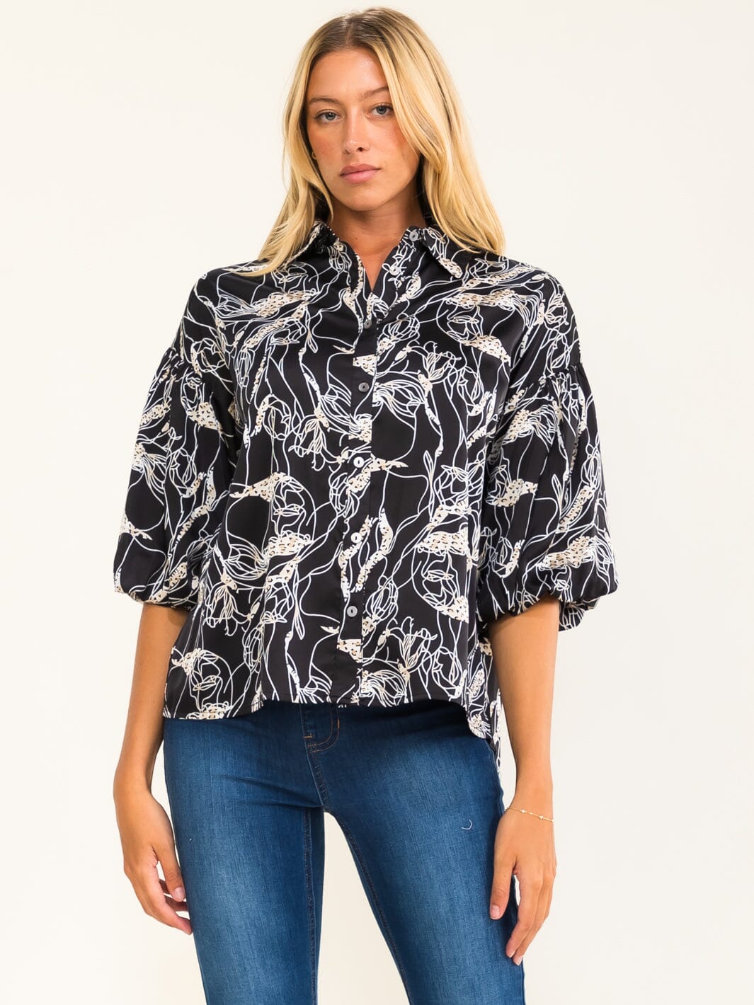 ENTRO WOMEN'S SHORT PUFF SLEEVE BUTTON UP MULTI PRINT BLOUSE