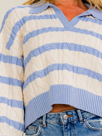 WOMEN'S LONG SLEEVE V-NECK COLORBLOCK STRIPES PULLOVER CABLE KNIT SWEATER