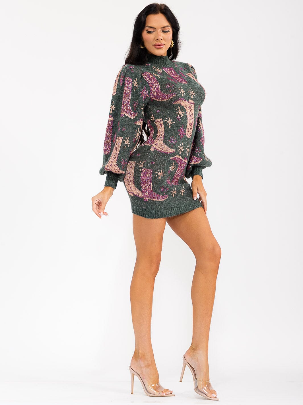 WOMEN'S LONG SLEEVE MOCK NECK MULTI PRINT SWEATER MINI DRESS