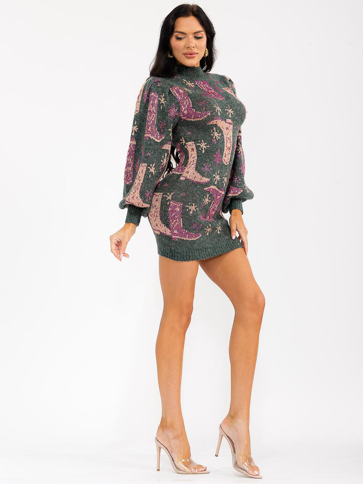 WOMEN'S LONG SLEEVE MOCK NECK MULTI PRINT SWEATER MINI DRESS