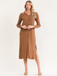 WOMEN'S LONG SLEEVE BUTTON UP RIBBED MIDI DRESS