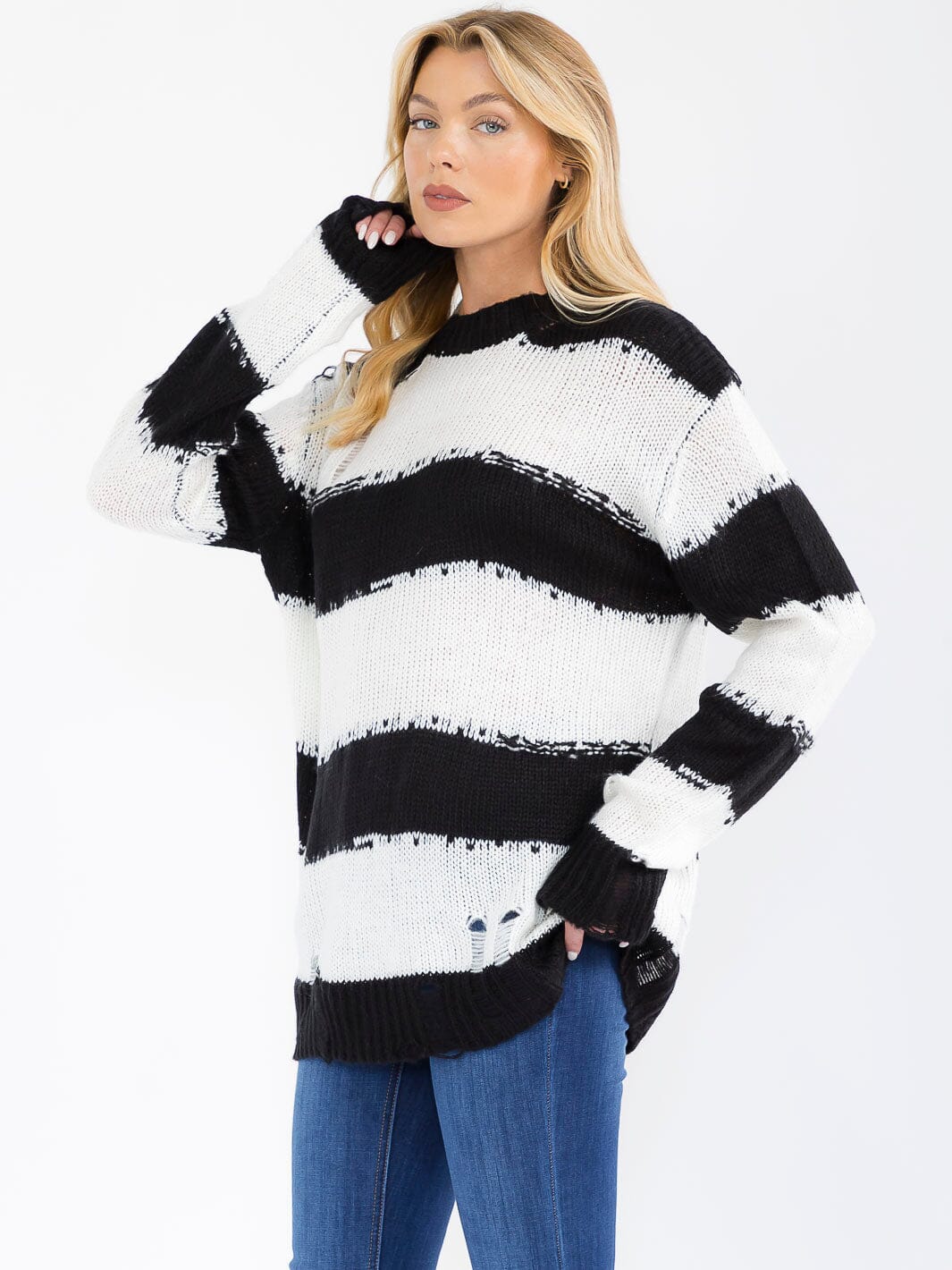 WOMEN'S LONG SLEEVE COLORBLOCK STRIPES PULLOVER KNIT DISTRESS SWEATER