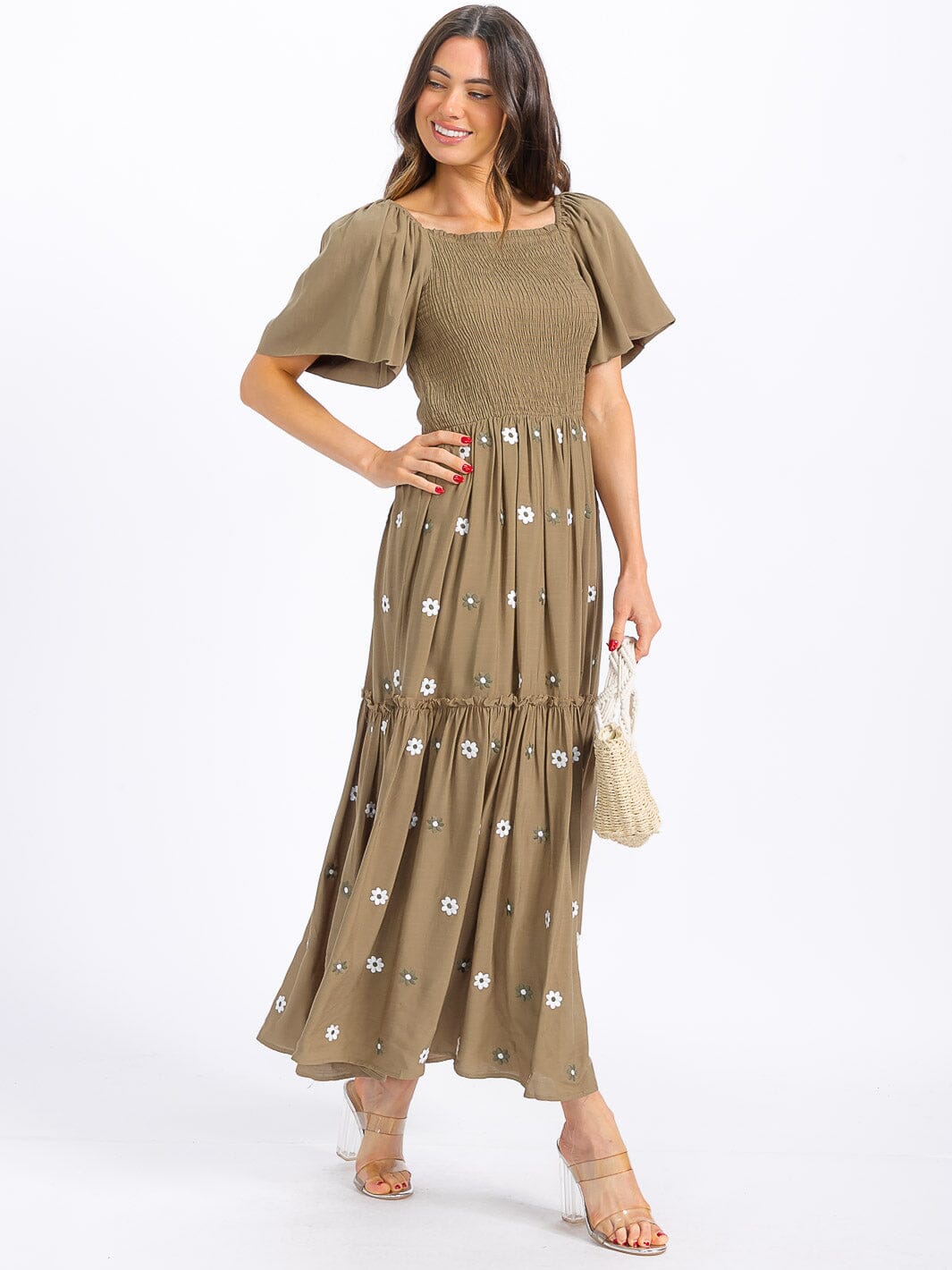 WOMEN'S SHORT SLEEVE SMOCK TIERED FLORAL MAXI DRESS