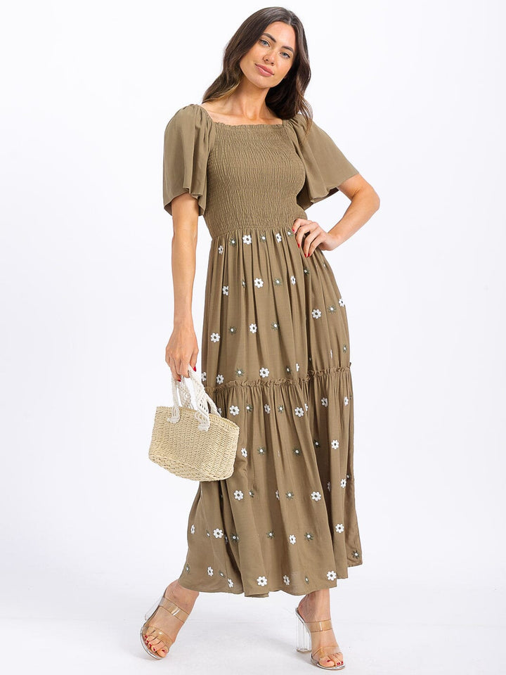 WOMEN'S SHORT SLEEVE SMOCK TIERED FLORAL MAXI DRESS