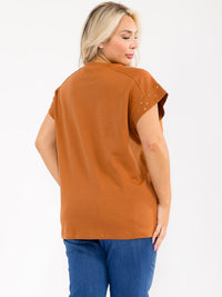 PLUS SIZE SHORT SLEEVE STUDS DETAILED SOLID BLOUSE