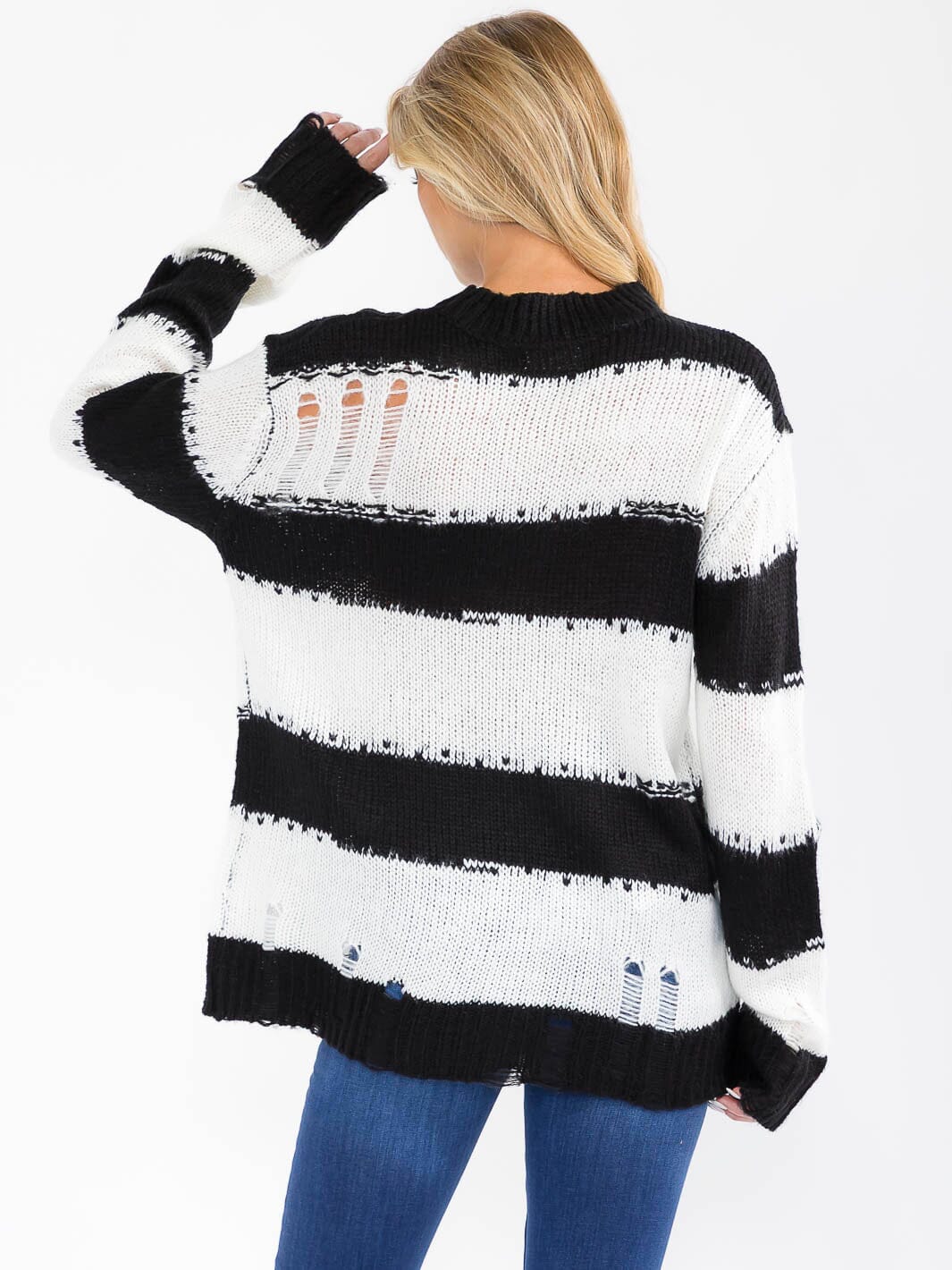 WOMEN'S LONG SLEEVE COLORBLOCK STRIPES PULLOVER KNIT DISTRESS SWEATER